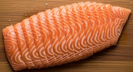 Sashimi Grade Salmon Fillet, Thinly Sliced on Wood