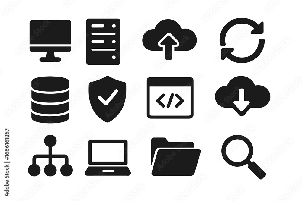 Leinwandbilder technology and data management icon set. software, cloud storage, backup, security, coding, database