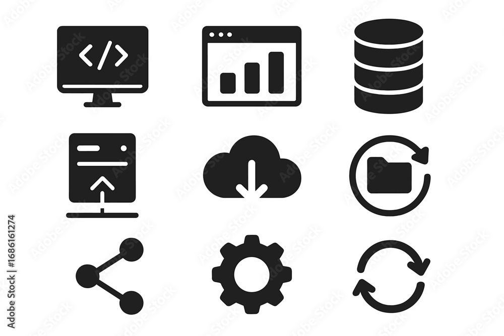 Poster technology and data management icon set, software and cloud storage symbols, backup and sync symbols