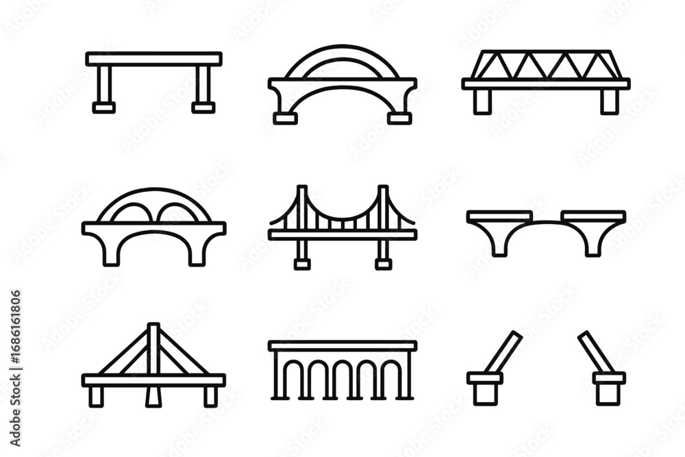 Poster collection of simple and clean bridge icons, outline bridge structures vector set, different bridge 
