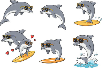 Cool dolphin wearing sunglasses surfing on ocean waves, funny dolphin cartoon character illustration, summer beach dolphin vector, playful dolphin art