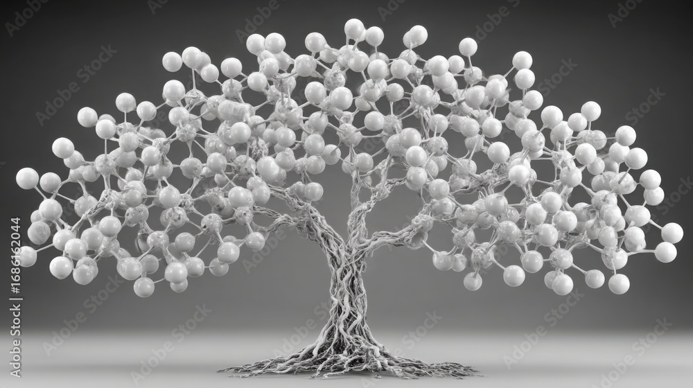 Poster a unique tree displaying numerous white spheres representing growth and innovation in an artistic ou