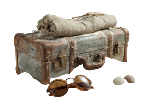 Vintage suitcase, clothing, and accessories