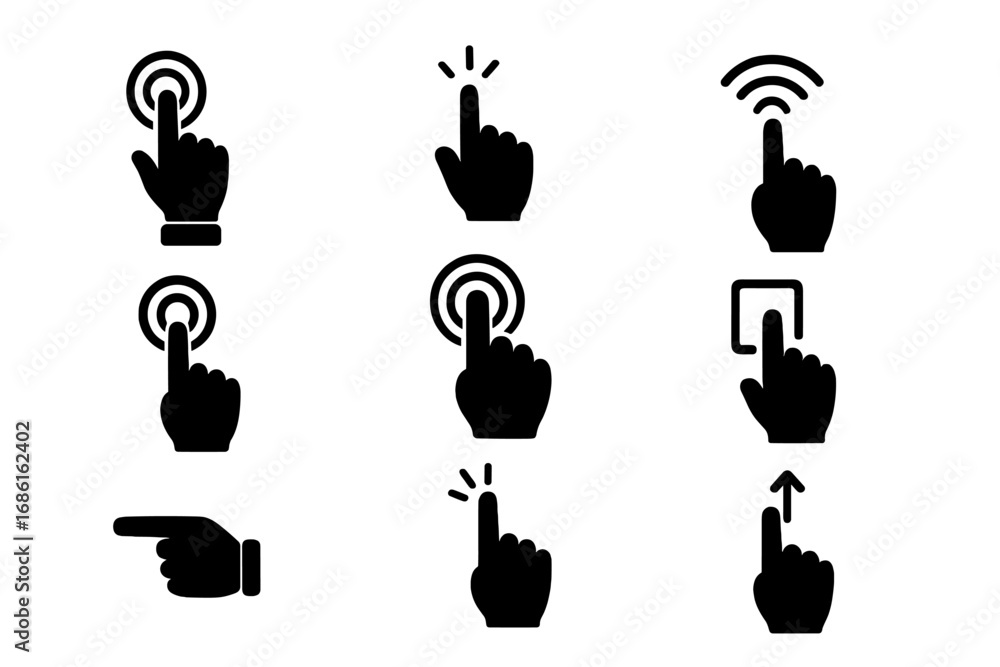 Poster user interface click silhouette icon set, touch and pointer gesture icons collection, vector cartoon