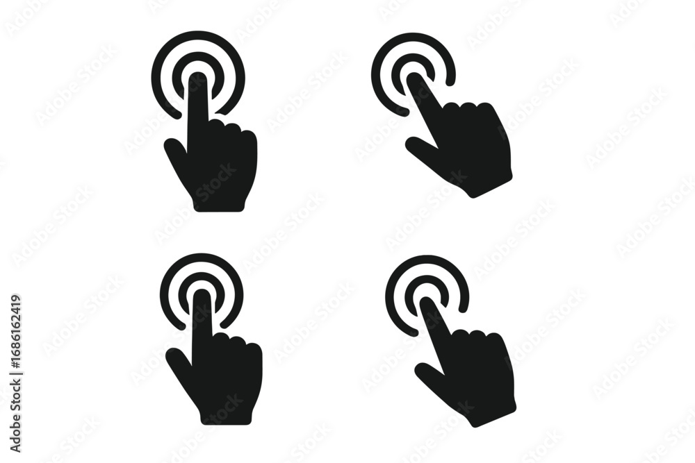 Poster user interface click silhouette icon set, touch and pointer icons collection, cartoon vector illustr