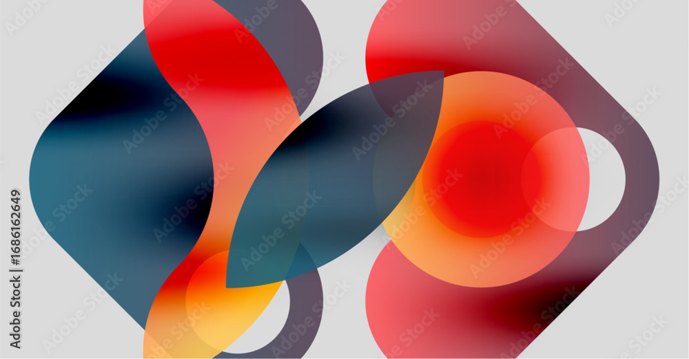 Poster abstract composition. overlapping colorful shapes create dynamic visual effect. red, orange, gray to