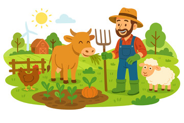 Naklejka premium Farmer tending to farm animals and crops on a vibrant countryside farm, showcasing sustainable agriculture, eco-friendly farming, and rural life, vector cartoon illustration