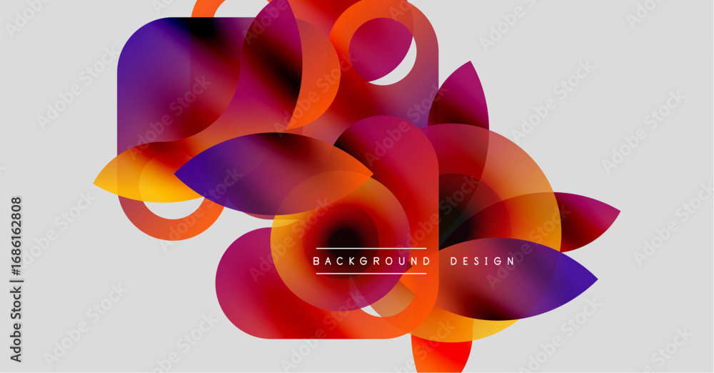 Poster abstract colorful shapes overlap, creating dynamic visual flow. gradient hues blend, forming modern 