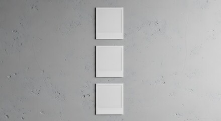 Three blank white frames hang vertically on a textured gray concrete wall.