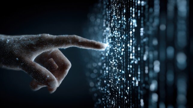 Hand touching a binary code display as a representation of algorithmic trade executor concept for smart processing solutions - Powered by Adobe