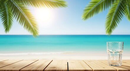 Tropical Beach Scene with Glass of Water on Wooden Deck