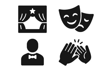Theater Drama Solid Icon Set, Performance Stage Applause Symbols Collection, Vector Cartoon Illustration with Transparent Background, Artistic Expression and Entertainment Icons