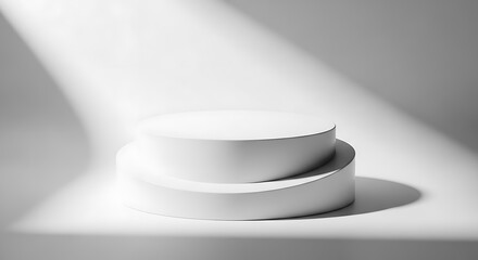 Two-Tiered White Cylindrical Display Platform with Dramatic Lighting