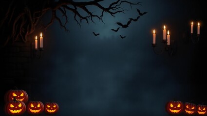 Spooky halloween night scene with jack o lanterns and flickering candles