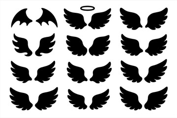 Obraz premium Fantasy wings silhouette icon set with mythical, angel, bird shapes, cartoon vector illustration collection, black flat design elements with transparent background, ordered set 4