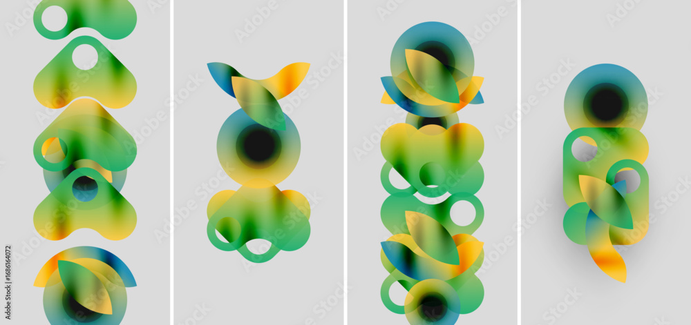 Poster abstract artwork features colorful, overlapping circles. gradient hues blend green, yellow, blue cre