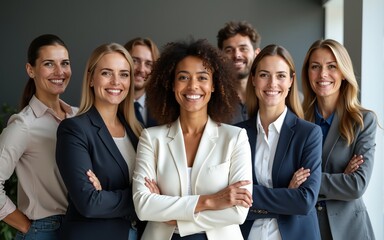 Group of business workers smiling happy and confident. Posing together with smile on face looking at the camera, middle age beautiful woman with crossed arms at the office. High quality
