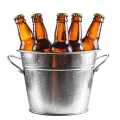 Silver ice bucket of bottles of beer isolate on transparent background
