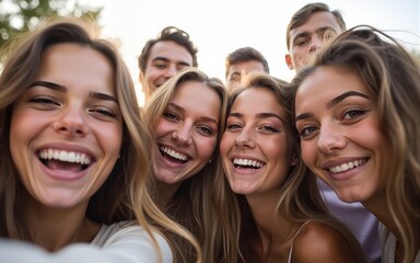 Big group of friends taking selfie picture smiling at camera - Laughing young people celebrating standing outside and having fun - Portrait photography of teens guys and girls enjoying vacation