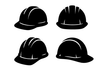 Set of construction helmets in black silhouette. Vector icon collection of safety hard hats. Industrial worker, builder and engineer headwear for protection on a building site.