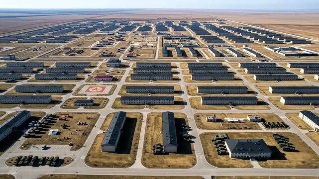 Aerial View of a Large Military Base with Barracks and Vehicles during Daytime, Establishing Shot