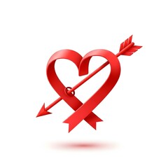Red ribbon heart pierced by an arrow, a symbol of love and romance for Valentine's Day