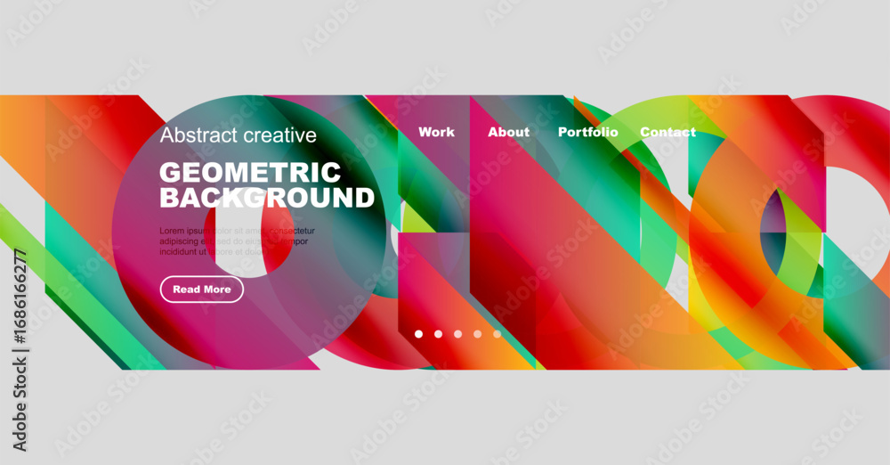 Poster abstract website header design. vibrant colors, geometric shapes, text overlay, navigation menu pres