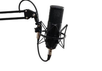 Professional studio condenser microphone on a boom arm stand isolated on a clean white transparent background for recording