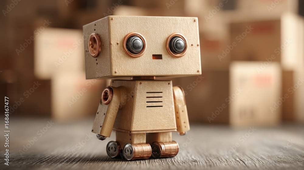 Poster wooden robot toy symbolizing automated relevance engine concept for signal fit and representation