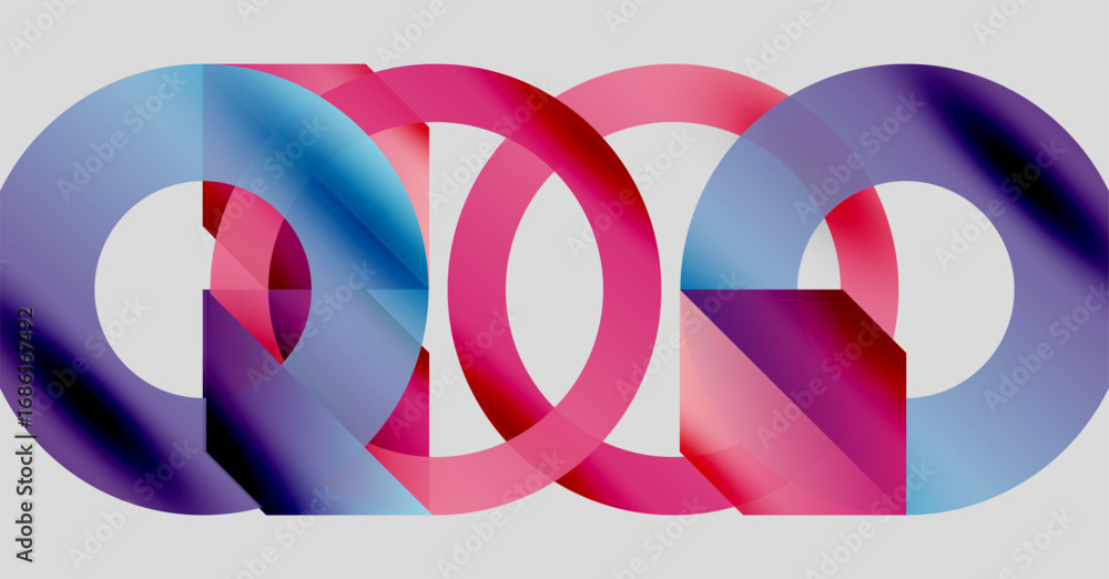 Poster abstract design features overlapping colorful rings. gradient shades create dynamic visual effect. m