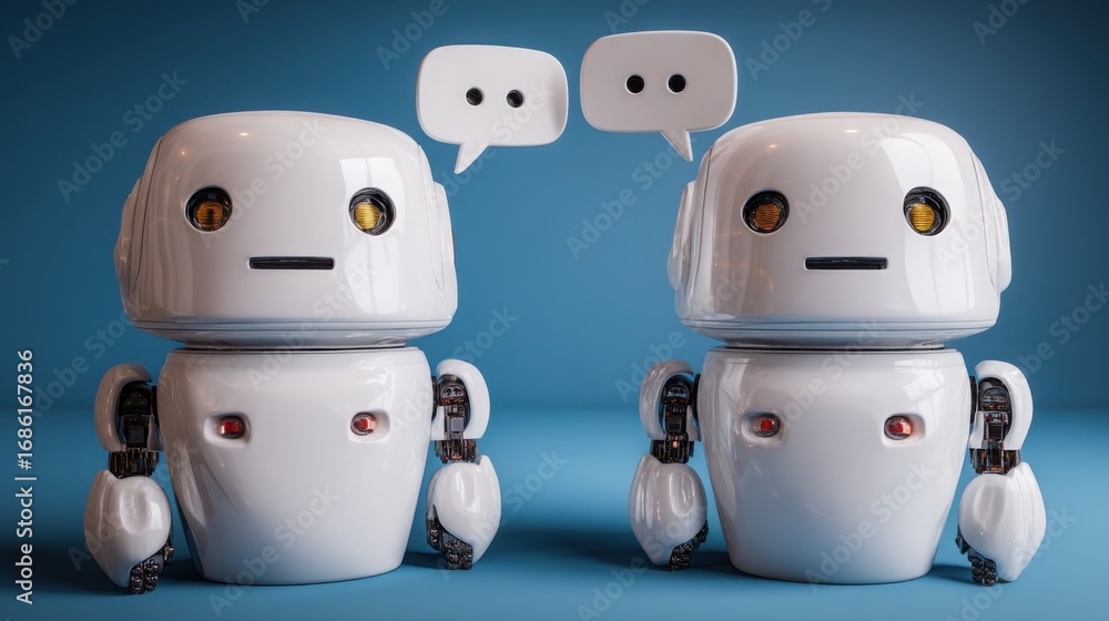 Poster two robots facing each other representing automated sentiment alert icon concept for emotional respo