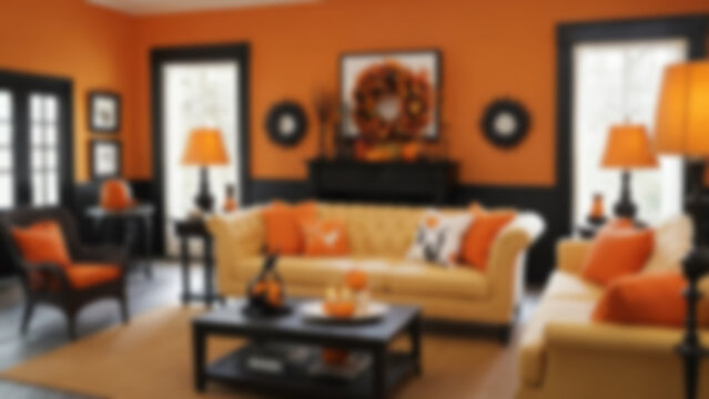 Blurred image of living room with hellowin day theme, featuring hellowin accessories on the wall, blurry hellowin wallpaper.