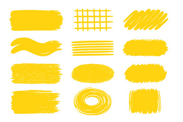 Hand drawn yellow brush strokes collection. Set of grunge paint textures, ink backgrounds, and marker scribbles. Abstract vector design elements for highlighting text and banners.