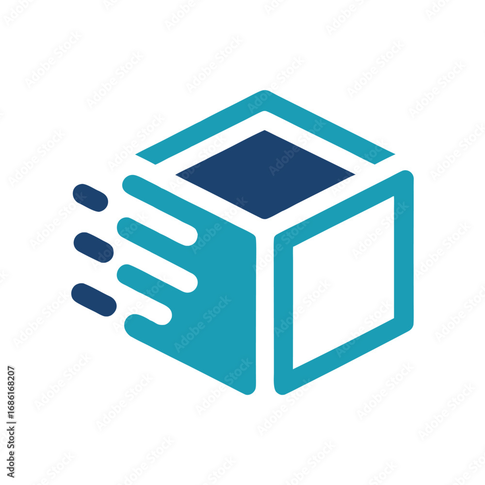 Poster blue and teal abstract cube with motion lines on white background geometric shape