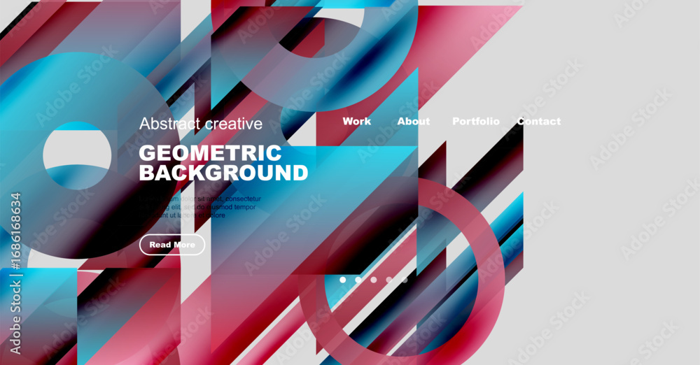 Poster abstract geometric design features vibrant blue, red layers. website navigation includes work, about