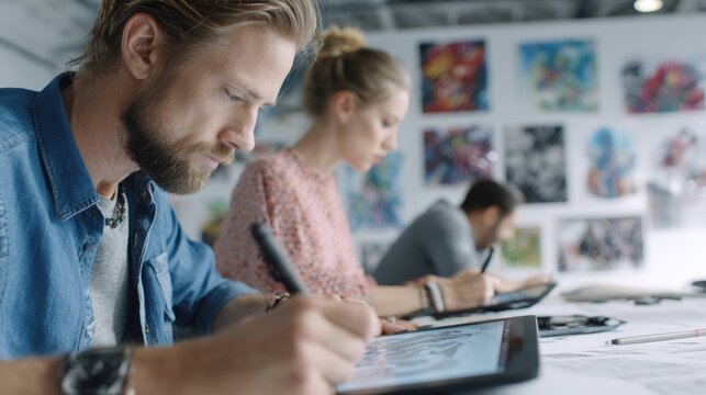 Focused graphic designers working on digital tablets in a creative studio.