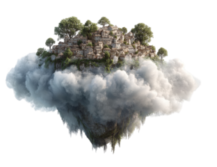 Floating village nestled in clouds