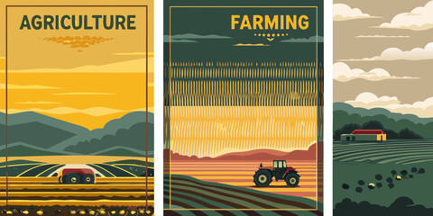 Retro agricultural posters showcasing tractors fields and farm animals in stylized landscapes © Apurba