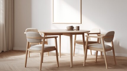 Minimalist Dining Room with Light Wood Table and Upholstered Chairs in Bright Modern Interior