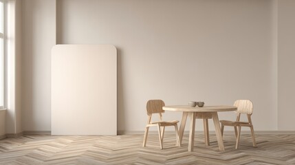 Fototapeta premium Minimalist Dining Room with Round Wooden Table and Two Chairs in Bright Natural Light