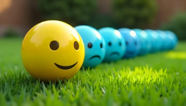 A cheerful display of colorful smiley faces in grass, highlighting joy and mental well-being for International Day of Happiness - Powered by Adobe