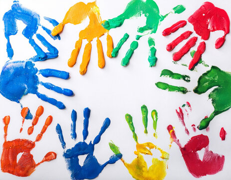 Vibrant Multicolored Handprints on a White Playful and Creative Background