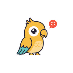A cute, cartoon-style yellow parrot with a speech bubble.
