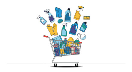 Illustrating a shopping cart overflowing with household cleaning products and supplies for a tidy home
