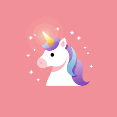 A cute, cartoon-style unicorn head with a colorful mane against a pink background.