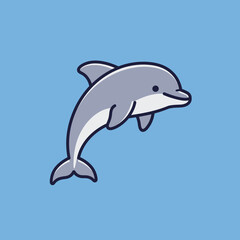 Fototapeta premium A cartoon dolphin is leaping against a blue background, showcasing a playful marine theme.
