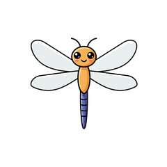 A cute, cartoon-style dragonfly with a friendly expression and colorful body.