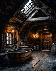 Interior view of a rustic wooden bathroom with a large wooden bathtub, old-fashioned fixtures, and a wooden ceiling.