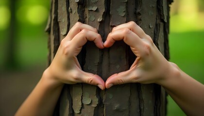 Two hands create a heart shape on a tree trunk, representing dedication to forest conservation and sustainable living