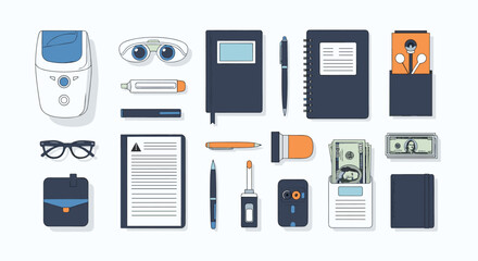 Collection of business professional desk items and office supplies for productivity and organization